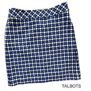 TALBOTS NWOT WOOL & COTTON A-LINE SKIRT BLUE WHITE BLACK DOT LINED | SIZE: 2